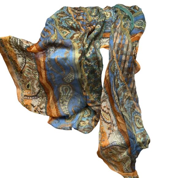 Rich orange slate blue Paisley print scarf - Picture 2 of 4